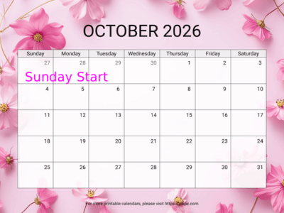 Free Printable Cosmos October 2026 Calendar (Sunday Start)