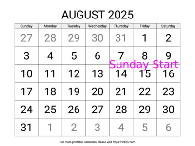 Free Printable Large August 2025 Calendar (Sunday Start)