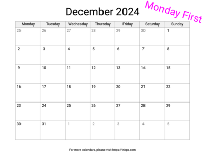 Printable Blank December 2024 Calendar (Monday First)