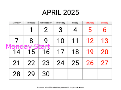 Free Printable Large Weekend Highlighted April 2025 Calendar (Monday Start)