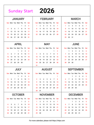 Free Printable Weekend Highlight Table 2026 Calendar (Sunday First)