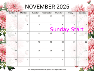 Free Printable Chrysanthemum November 2025 Calendar (Sunday Start)