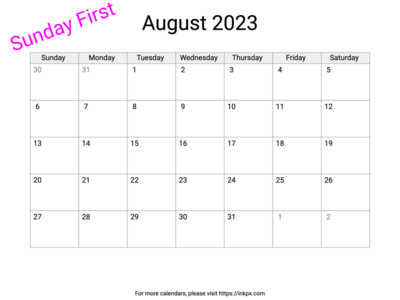 Printable Blank August 2023 Calendar (Sunday First)