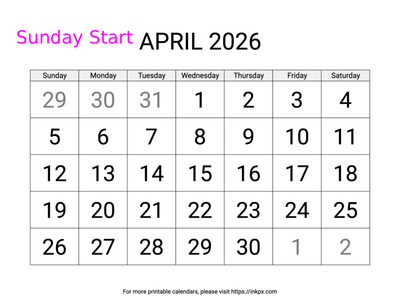 Free Printable Large April 2026 Calendar (Sunday Start)