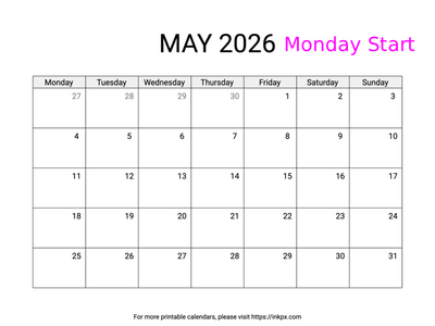 Free Printable Simple May 2026 Calendar (Monday Start)