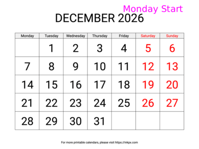 Free Printable Large Weekend Highlighted December 2026 Calendar (Monday Start)