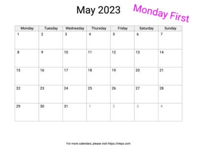 Printable Blank May 2023 Calendar (Monday First)
