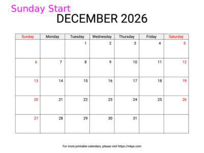 Free Printable Weekend Highlighted December 2026 Calendar (Sunday Start)