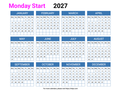 Free Printable Minimalist Blue Table 2027 Calendar (Landscape, Monday Start)