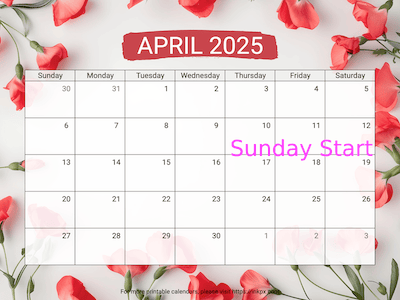 Free Printable Sweet Pea April 2025 Calendar (Sunday Start)