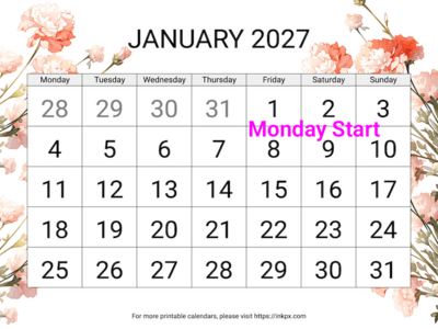 Free Printable Carnation Large Font January 2027 Calendar (Monday Start)