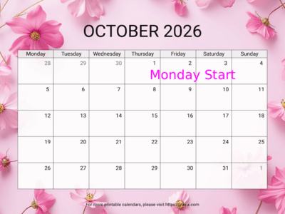 Free Printable Cosmos October 2026 Calendar (Monday Start)