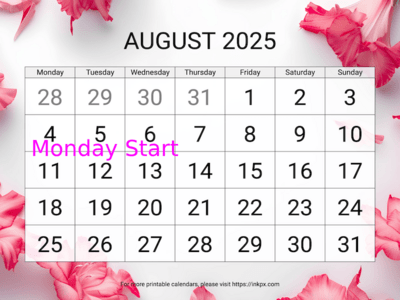 Free Printable Large Gladiolus Background August 2025 Calendar (Monday Start)