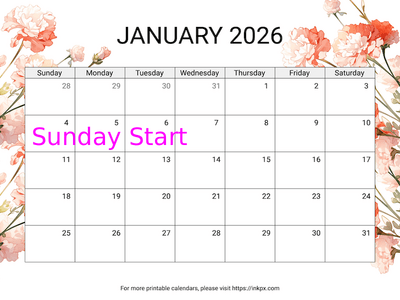 Free Printable Carnation January 2026 Calendar (Sunday Start)