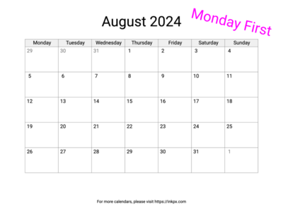 Printable Blank August 2024 Calendar (Monday First)