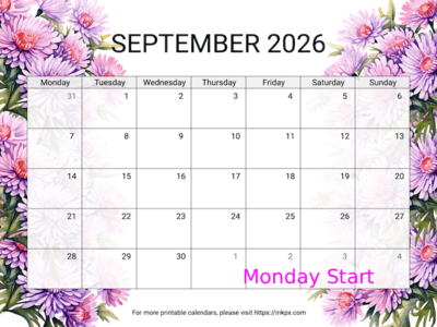 Free Printable Aster September 2026 Calendar (Monday Start)
