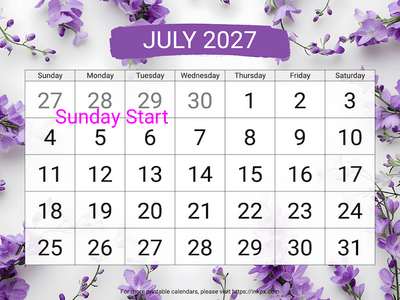 Free Printable Large Font Larkspur July 2027 Calendar (Sunday Start)