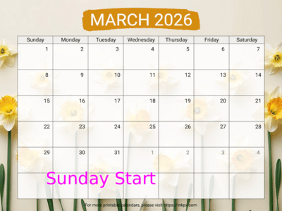 Free Printable Daffodil Background March 2026 Calendar (Sunday Start)