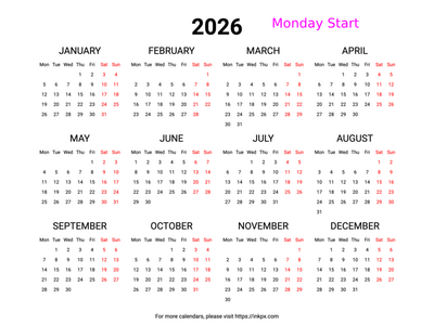 Free Printable Weekend Highlight 2026 Calendar (Landscape, Monday First)
