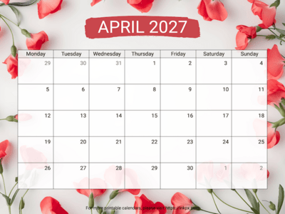 Free Printable Sweet Pea April 2027 Calendar (Monday Start)