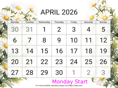 Free Printable Large Daisy April 2026 Calendar (Monday Start)