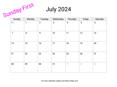 Printable Blank July 2024 Calendar (Sunday First)
