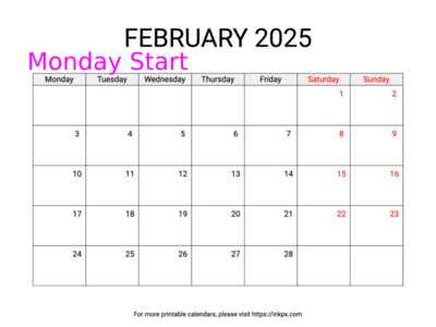 Free Printable Weekend Highlighted February 2025 Calendar (Monday Start)