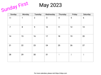 Printable Blank May 2023 Calendar (Sunday First)