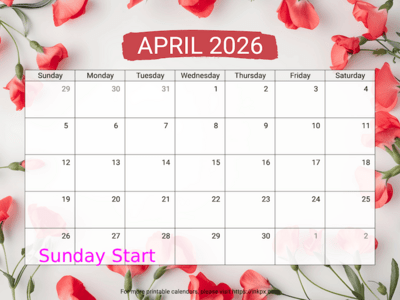 Free Printable Sweet Pea April 2026 Calendar (Sunday Start)
