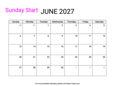 Free Printable Simple June 2027 Calendar (Sunday Start)