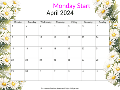 Printable Daisy April 2024 Calendar (Monday First)