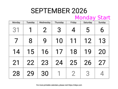Free Printable Large September 2026 Calendar (Monday Start)