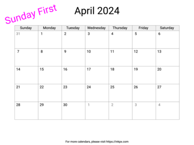 Printable Blank April 2024 Calendar (Sunday First)