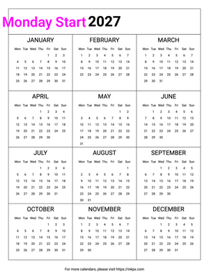 Free Printable Minimalist Table 2027 Calendar (Monday Start)