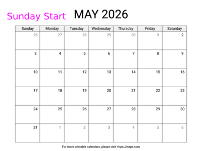 Free Printable Simple May 2026 Calendar (Sunday Start)