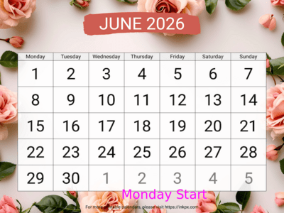 Free Printable Large Rose Background June 2026 Calendar (Monday Start)