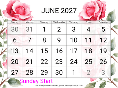 Free Printable Large Font Rose June 2027 Calendar (Sunday Start)