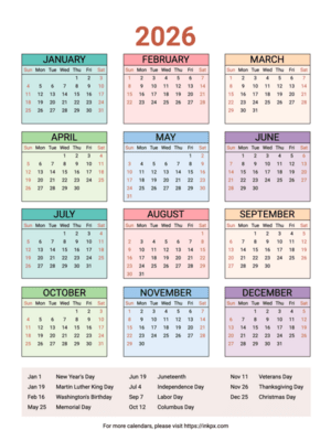 Free Printable Weekend Highlight Colorful Table 2026 Calendar with US Holiday