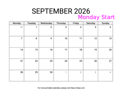 Free Printable Simple September 2026 Calendar (Monday Start)