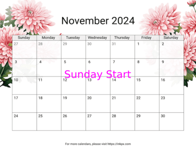 Printable Chrysanthemum November 2024 Calendar (Sunday First)