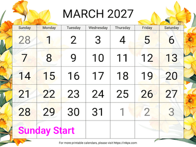 Free Printable Large Daffodil Background March 2027 Calendar (Sunday Start)