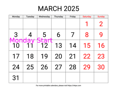 Free Printable Large Weekend Highlighted March 2025 Calendar (Monday Start)