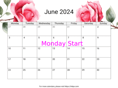Printable Rose June 2024 Calendar (Monday Start)