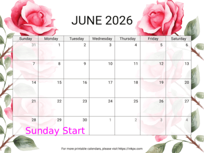 Free Printable Rose June 2026 Calendar (Sunday Start)