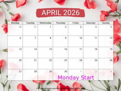 Free Printable Sweet Pea April 2026 Calendar (Monday Start)