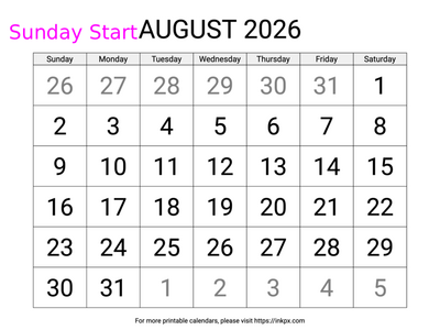 Free Printable Large August 2026 Calendar (Sunday Start)