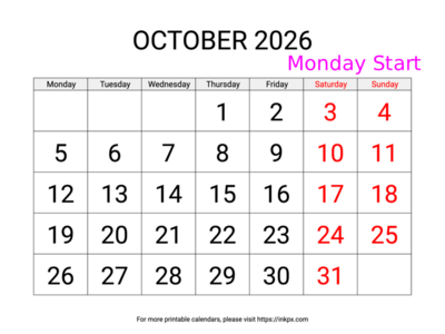 Free Printable Large Weekend Highlighted October 2026 Calendar (Monday Start)