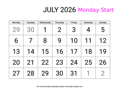 Free Printable Large July 2026 Calendar (Monday Start)