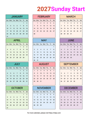 Free Printable Colorful Table 2027 Yearly Calendar (Sunday Start)