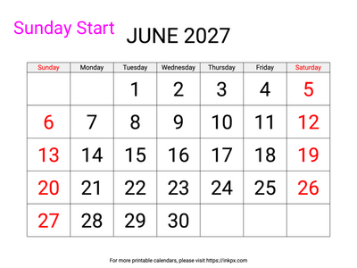 Free Printable Large Weekend Highlighted June 2027 Calendar (Sunday Start)